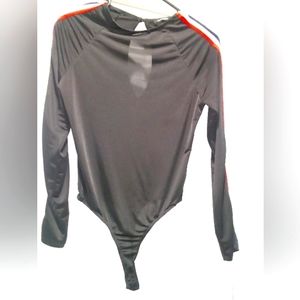 Fashion Nova Black Bodysuit with Red, White, & Blue Stripes, L